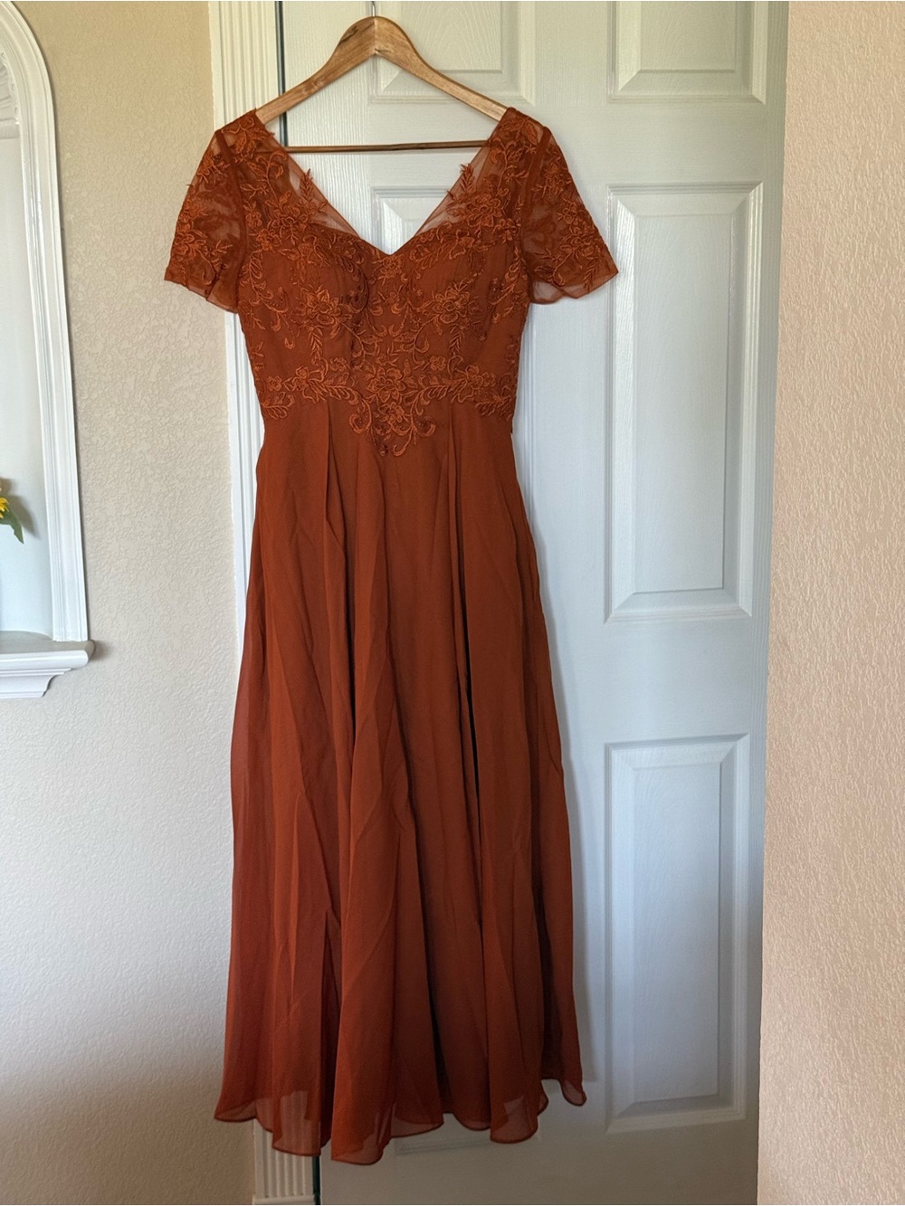 Rust Lace Bodice V-Neck Evening Dress